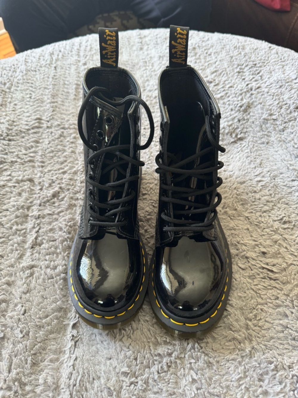 Dr. Martens Black Patent Lace-Up Combat Boots with Yellow Stitching - Picture 10 of 10